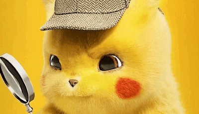 Detective Pikachu examines the situation with a magnifying glass.