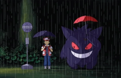 Gengar keeps smiling under the rain and its umbrella.