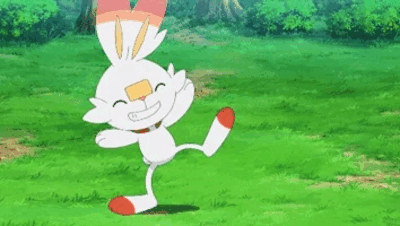 Scorbunny dances in the grass to celebrate its good mood.