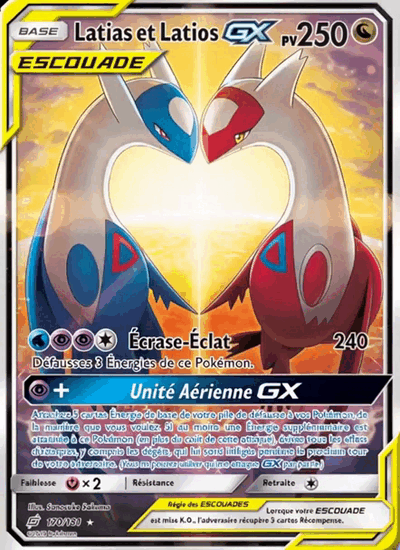 Latias and Latios form a heart on a sparkling Pokémon card.