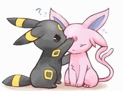 Umbreon and Espeon share a tender moment.