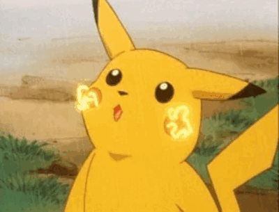 Pikachu looks puzzled, with sparks on its cheeks.
