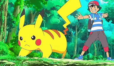 Pikachu looks determined and annoyed beside Ash.