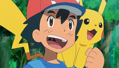 Ash and Pikachu share a fit of laughter.