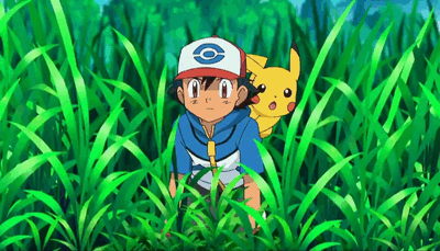 Ash and Pikachu look puzzled in the tall grass.
