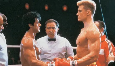 An intense face-off in the ring between Rocky and Dolph Lundgren.