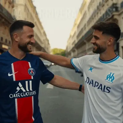 A PSG supporter and an OM supporter hug beneath the French words "That will never happen." A humorous animation about the rivalry between the two clubs.