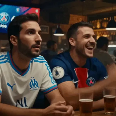 Dans un bar, un supporter de l’OM observe le match tandis qu’un supporter du PSG réagit avec enthousiasme à ses côtés.