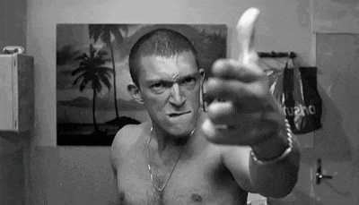 Vincent Cassel's famous reaction from La Haine, in black and white.